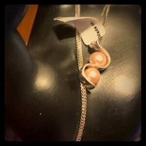 Pink freshwater pearl necklace, 16” SS chain